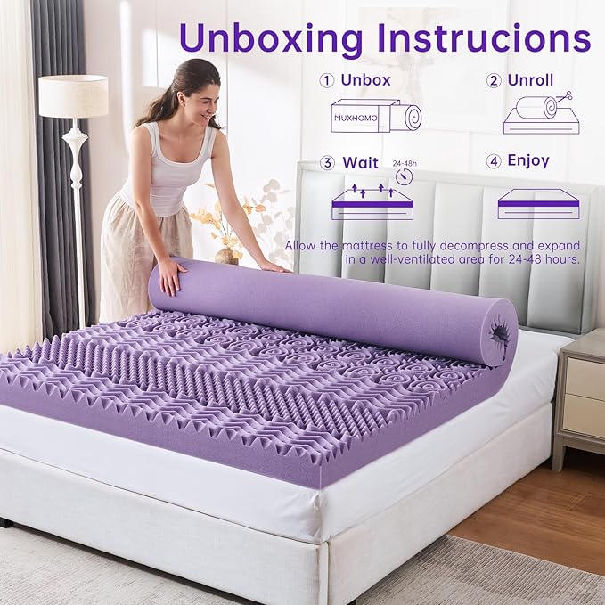 MUXHOMO 2 Inch 7-Zone Full Mattress Topper, Egg Crate Memory Foam Mattress Topper Full Size for Back Pain, Lavender Cooling Gel Infused Bed Pad, CertiPUR-US and Oeko-TEX Certification (54"×75")