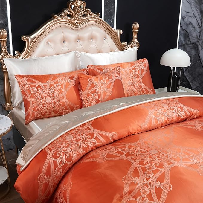Jacquard Full Comforter Set with Beige Sheet Set Orange Bedding Set 8 Pcs Embroidery Neoclassical Floral Elegant Bed Home Decor Soft Down Comforter Luxury Hotel Silky Bed in a Bag with 1 Cushion Cover