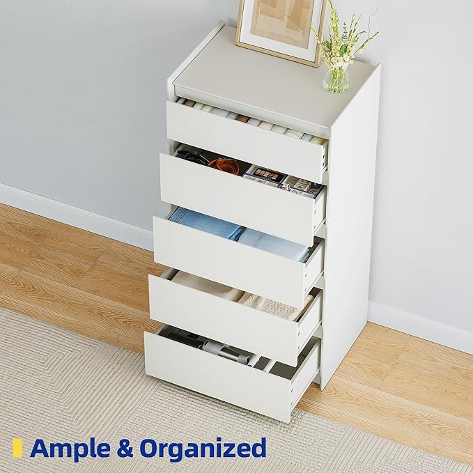 24" Wide White Dresser for Bedroom, 5 Drawer Vertical Chest, Modern Matte Wood Tallboy with Anti-Tip Kit, Space-Saving Storage Organizer for Closet & Small Spaces, Handle-Free