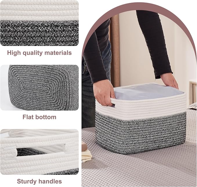 OIAHOMY 4 Pack Storage Baskets for Organizing, Basket for Shelves with Handle, Woven Baskets for Storage Toys, Towels, Books, Cotton Rope Basket 13" L x 9 " W x 7.8 " H, Black & White - Image 3