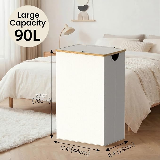 efluky Slim Laundry Basket with Lid, Narrow Laundry Hamper with Removable Bag, Skinny Dirty Clothes Basket with Bamboo Handles for Bathroom, Bedroom & Laundry Room, 90L Beige - Image 3
