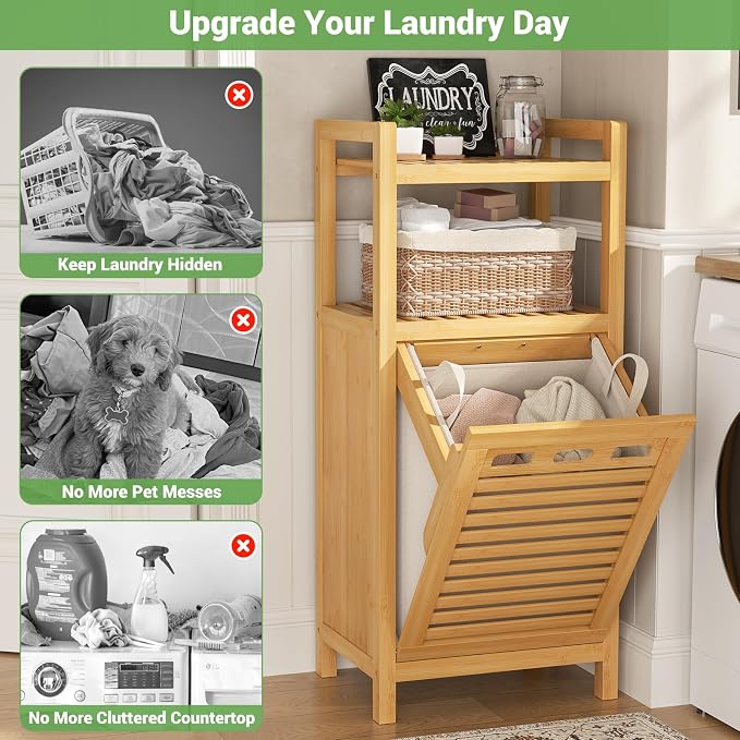 Homykic Tilt Out Laundry Hamper, 10 Gal Bamboo Laundry Storage Cabinet with Removable Basket, Hidden Hamper Organizer with Shelf for Dirty Clothes, Bathroom, Laundry Room, Space Saving, Natural - Image 5