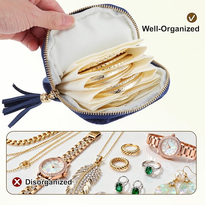 VOCOSTE Travel Jewelry Case, Portable Jewelry Organizer with 6 Independent Layers, Small Pouch Bag for Necklace Bracelet Rings Earring Storage, Women Gift Idea, Blue - Image 5
