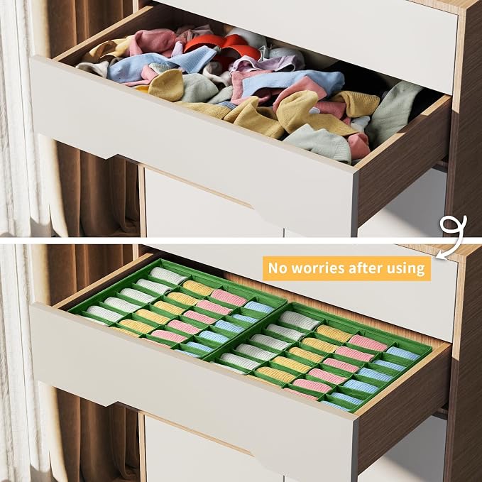 Joyoldelf Sock Drawer Organizer Divider 2 Packs Underwear Organizer, 24 Cell Closet Organizers and Storage Organizer Sock Holders Organizers for Storing Socks, Handkerchiefs, Ties, Belts (Green) - Image 7