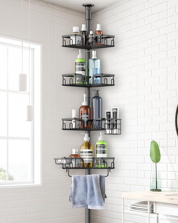 Corner Shower Caddy Tension Pole 4 Tier Adjustable Stainless Steel Shower Shelf for Inside Shower Bathtub Shampoo,Standing Bathroom Organizer Shelves with 39 to 113 inch Height by Clothink