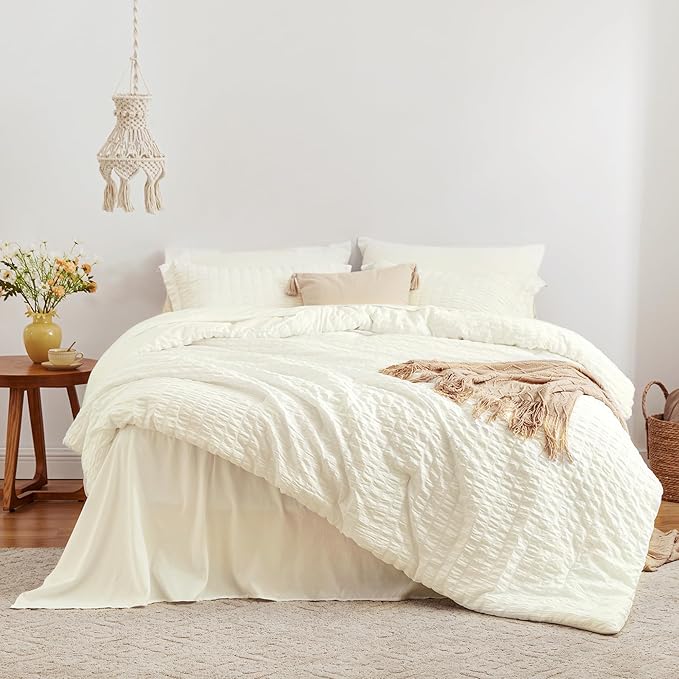 Love's cabin Seersucker Ivory Twin XL Comforter Set, 5-Piece All Season Lightweight Bed in a Bag Bedding Set with Comforter, Flat Sheet, Fitted Sheet, Pillowcase and Sham | Soft, Breathable, Lightweight