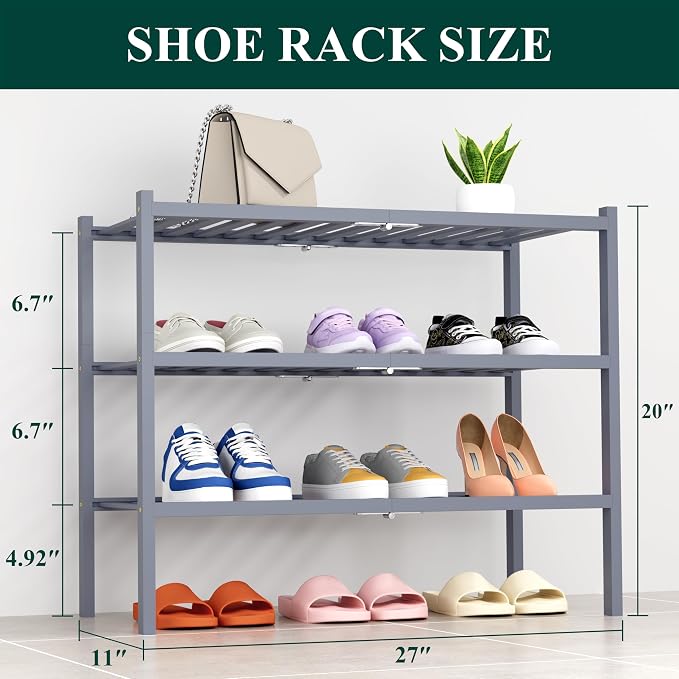 Smiry Shoe Rack, 3 Tier Thick Bamboo Shoe Organizer, Stackable Free Standing Wooden Shoe Storage Shelf for Closet, Entryway, Front Door Entrance, Grey - Image 2