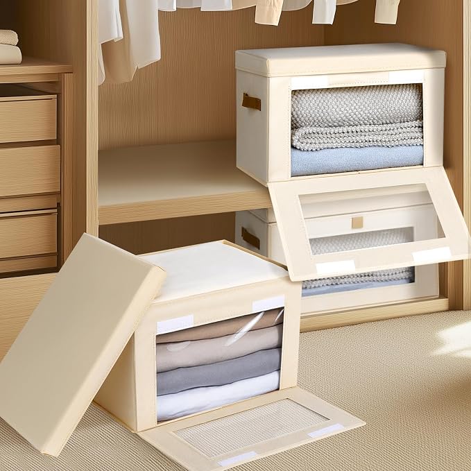 Homsorout Collapsible Storage Bins - Large Closet Organizer with Handles & Window, Decorative Storage Boxes, Fabric Containers for Living Room, Dorm, 4 Pack, Beige - Image 4