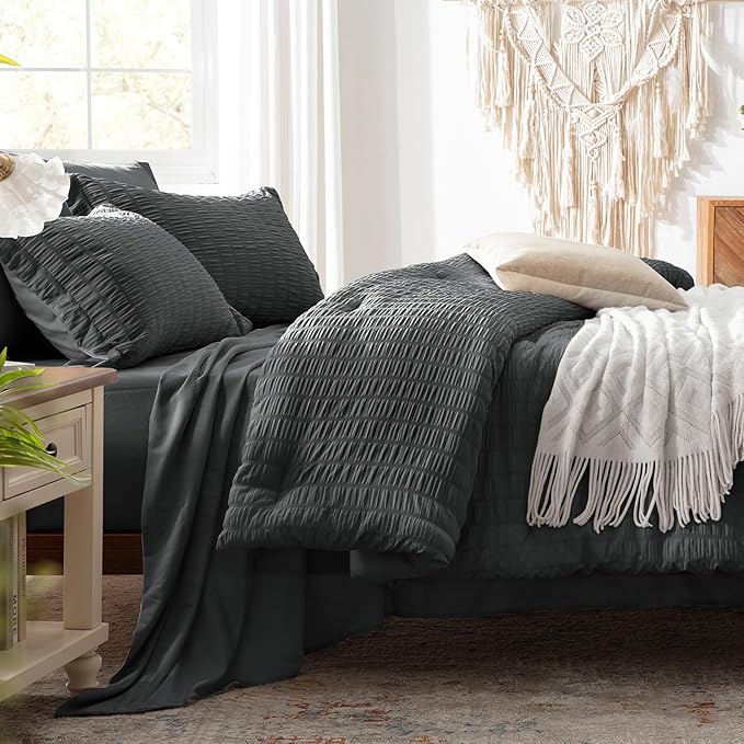 Zzlpp Queen Comforter Set 7 pieces, Dark Grey Seersucker Bed in a Bag with Comforter and Sheets, All Season Bedding Sets with 1 Comforter, 2 Pillow Shams, 2 Pillowcases, 1 Flat Sheet, 1 Fitted Sheet