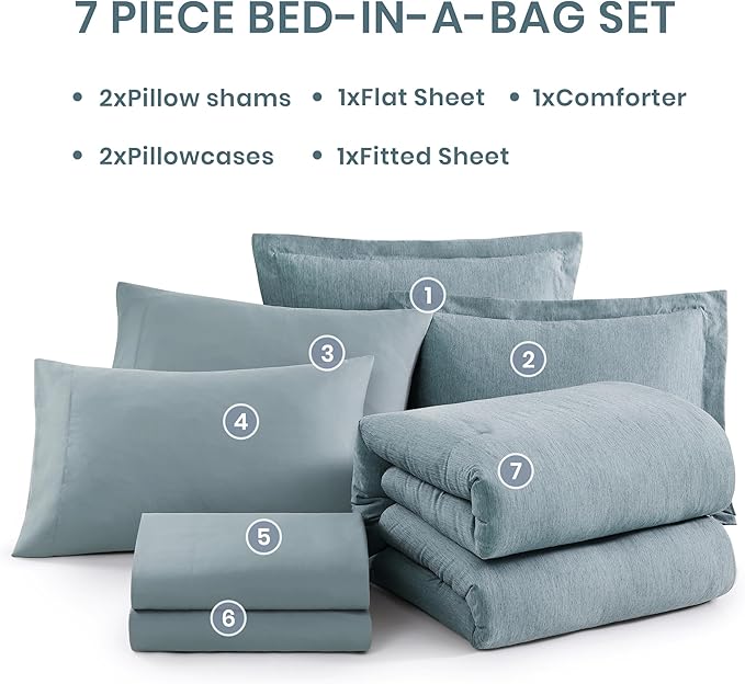 Monbix King Size Comforter Set,7 Pieces Dusty Blue Cationic Dyeing Bed in a Bag King with Comforter, Sheets, Pillowcases & Shams, All Season Reversible Bedding Comforters