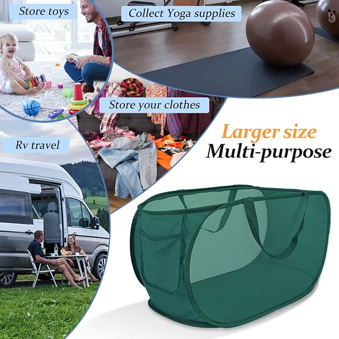 100L Foldable Laundry Baskets 2 Pack, Extra Large Mesh Pop Up Laundry Hamper, Dirty Clothes Hamper with Handles, Pop-up Hampers for Laundry Travel. Dorm or Home Portable Clothes Baskets.Green 2H - Image 5