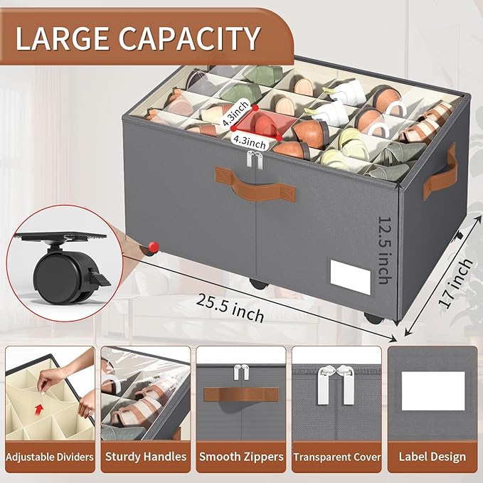 Foyego Shoe Organizer for Closet, Shoe Storage Organizer with Wheels and Adjustable Dividers, Stackable Shoe Storage Box with Clear Cover, Foldable Closet Shoe Organizer Fits up to 24-48 Pairs, Gray - Image 2