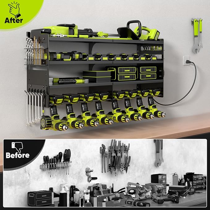 POKIPO Large Power Tool Organizer Wall Mount with Charging Station,4 Layer Heavy Duty Metal Tool Storage Rack Loads 600lbs with 8 Cordless Drill Holder,Battery Utility Rack Loads with 4 Power Strip - Image 6