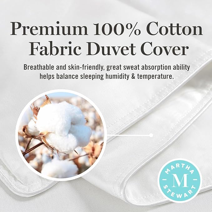 Martha Stewart Goose Feather Down Fiber Cotton Comforter Queen Size, Feather Duvet Insert Queen, Hotel Collection Hypoallergenic Comforter 80oz Extra Warmth 90 x 90 Inch White