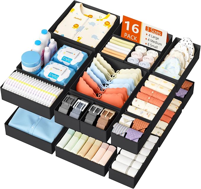 DIMJ Drawer Organizer Clothes - 16 Pack Baby Dresser Organizer for Nursery, Foldable Drawer Organizer Bins for Closet Bedroom Organization, Fabric Clothes Storage Dividers for Underwears, Socks, Bras by DiMJ