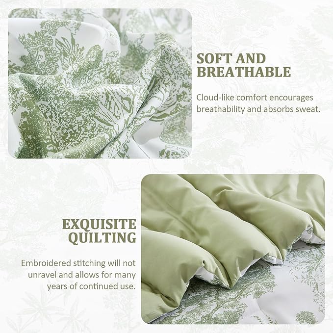 DJY California King Size Comforter Set,Sage Green Botanical Comforters with Sheets Elegant Plants Print Soft Microfiber Reversible Complete Bedding Sets for All Season
