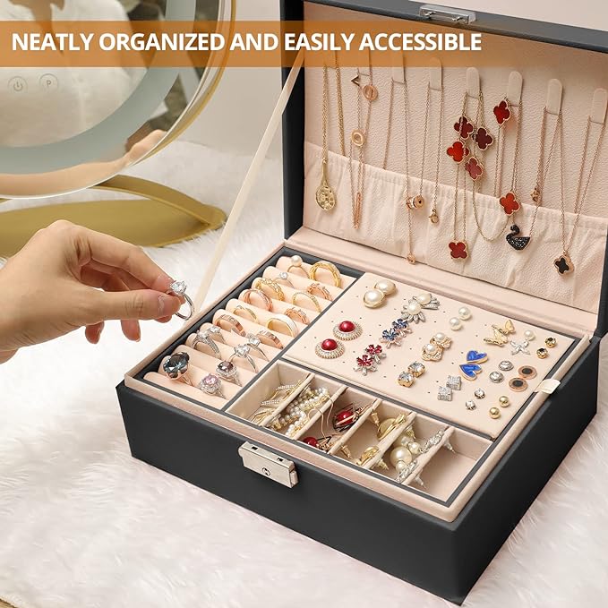 Jewelry Boxes for Women Girls 2 Layers leather Jewelry Organizer Case with Lock Storage Box Removable Tray for Necklace Earring Ring with Polishing Cloth and Jewelry Bags - Image 3