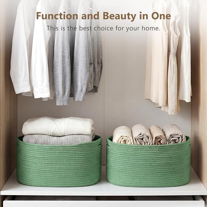 ECDYQXVU Cotton Rope Storage Basket, 15x10x9 Inches, Woven Basket for Shelves, Clothes, Towels, Books, and Laundry, Green (3 Pack) - Image 7