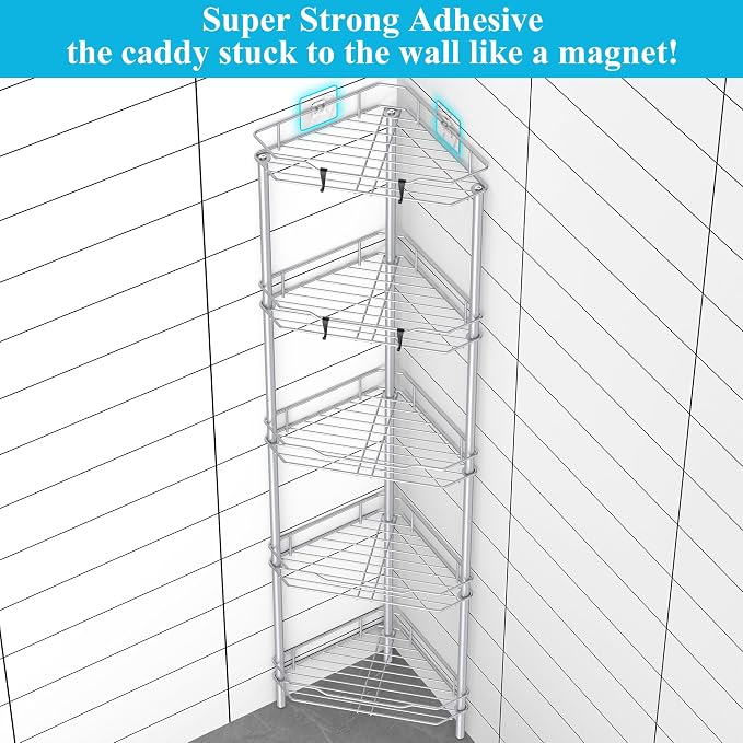 HuggieGems 5 Tier Floor Standing Corner Shower Caddy Organizer Shelf with Hooks, Bathroom Shelves Stand Rack, Silver - Image 2