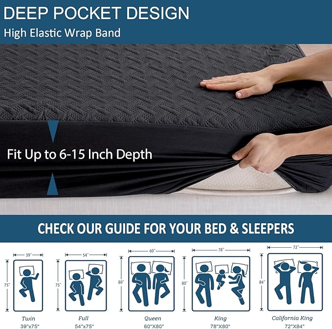 Twin Mattress Protector Waterproof - Ultrasonic Noiseless Mattress Pad with Reinforced TPU Backing, Breathable Bed Cover Fit 6"-15" Deep Pocket for Potty Training, Pets & Night Sweats, Black