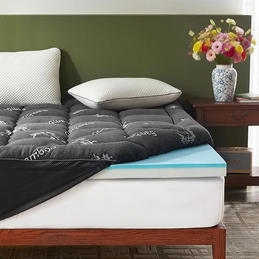 BEDLORE 4 Inch Memory Foam Mattress Topper Twin XL,2-in-1 Dual Layer Design (2" Gel Memory Foam + 2" Plush Pillow Top Cover) Mattress Topper Medium-Firm,Pressure Relief & Back Pain Support(Dark Gray)