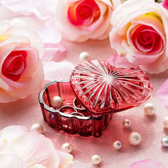 kanpura Crystal Glass Heart-Shaped Jewelry Box,Candy Box with Lid,Women's Covered Earrings Necklace Chest Trinket Storage Box, Glass Jar Christmas Gifts for Women and Girls(Burgundy) - Image 2