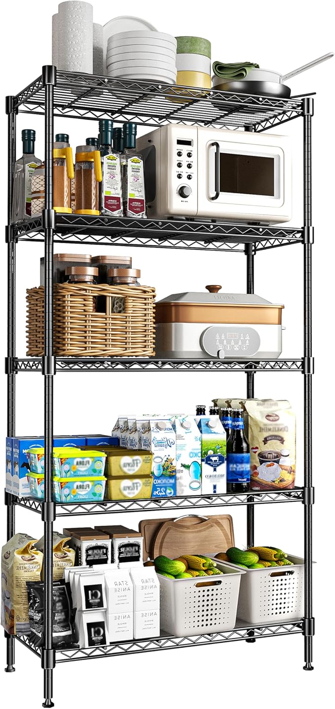 72" H Storage Shelves 5 Tier Wire Shelving with Shelf Liners, Adjustable Metal Garage Shelving, 1325LBS Heavy Duty Commercial Storage Rack for Pantry Kitchen, 35" W x 16" D x 72" H, Black by RackBro