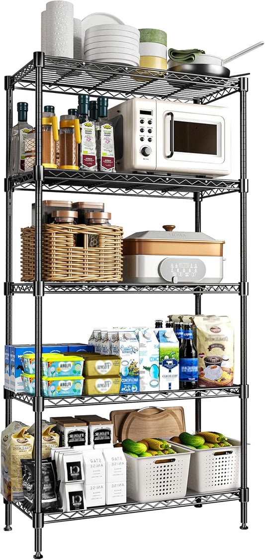 72" H Storage Shelves 5 Tier Wire Shelving with Shelf Liners, Adjustable Metal Garage Shelving, 1325LBS Heavy Duty Commercial Storage Rack for Pantry Kitchen, 35" W x 16" D x 72" H, Black by RackBro