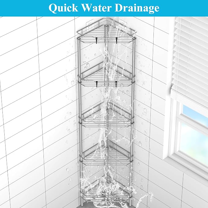 HuggieGems 5 Tier Floor Standing Corner Shower Caddy Organizer Shelf with Hooks, Bathroom Shelves Stand Rack, Gray - Image 6