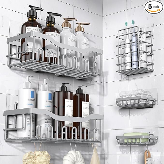 EUDELE 5-Pack Rustproof Stainless Steel Shower Caddy – No Drill Adhesive Bathroom Organizer with Large Capacity, Spacious Shower Shelves for Inside Shower, Kitchen & Home Decor Storage-XL Size by EUDELE