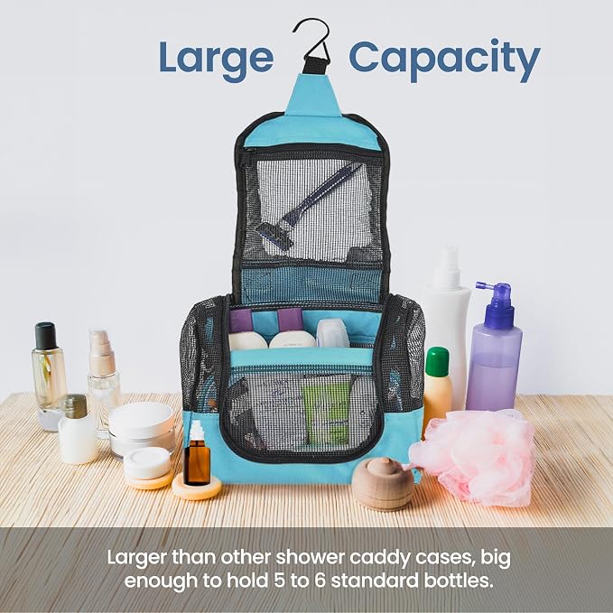 The Fine Living Co. Portable Hanging Shower Caddy Organizer Bag (Free Toiletries Case+Metal Hook) Quick Dry Mesh Shower Caddy Tote Bag Pouch For Bathroom College Dorm Camp Gym Camping 10”x4”x8”(Aqua) - Image 4