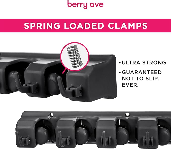 Combo 5 Slot Broom Holder w/ 1 Self Adhesive Mop Gripper No-Drilling, Wall Mount Tool Organizers For Kitchen, Garage, Laundry Room- Anti-Slip Hanger For Brooms, Mops, Rakes, Dustpans (Black / Black) - Image 3