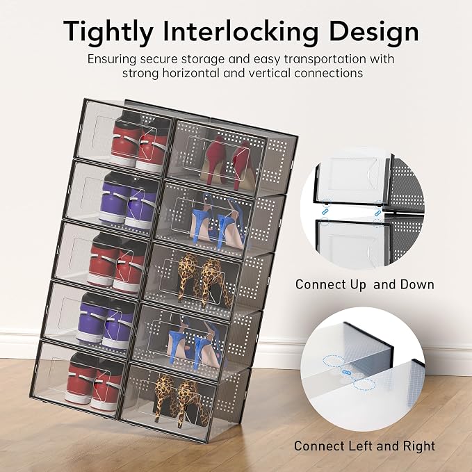 Foluck X-Large Shoe Storage Box, 15 Pack Clear Plastic Stackable Shoe Organizer for Closet, Interlocking Design Shoe Container Bins for Sneakers, Foldable Shoe Rack with Lids, Black - Image 4
