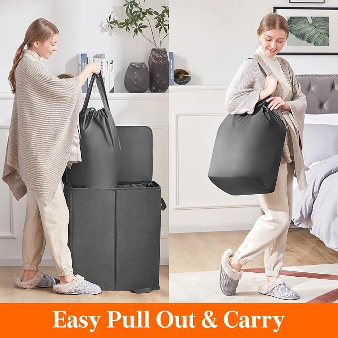 Lifewit Double Laundry Hamper with Lid and Removable Laundry Bags, Large Collapsible 2 Dividers Dirty Clothes Basket with Handles for Bedroom Laundry Room Closet Bathroom College, 155L Black - Image 4