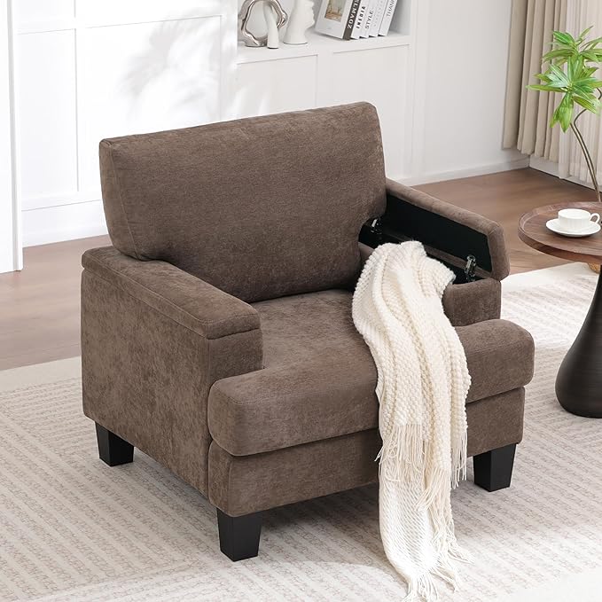 Oversized Accent Chair Set of 2 with Storage Armrest, Modern Upholstered Reading Living Room Chairs, Comfy Large Armchair, Fabric Single Sofa Chair for Bedroom (Dark Brown)