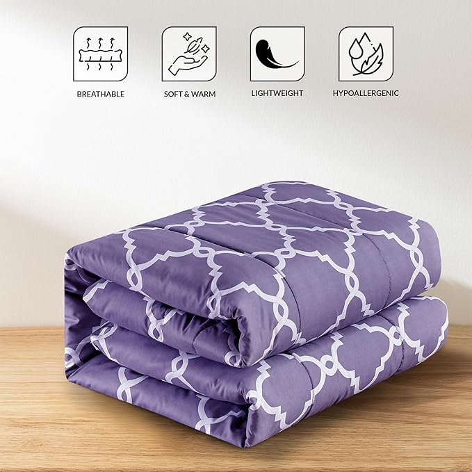 LUX Décor Reversible 5pc King Comforter Set, Printed Bedding Set, All-in-One Bed in a Bag, Includes 1 Comforter, 2 Pillow Shams, 1 Decor Pillow & 1 Bed Skirt (Quatrefoil Lavender,King)