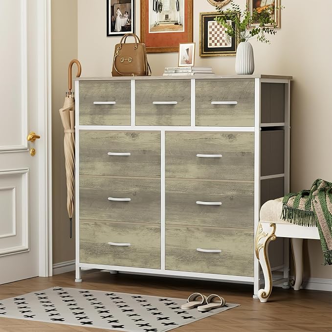 Sweetcrispy 9 Drawer Fabric Dresser Storage Tower with Wood Top and Steel Frame, Organizer Chest with Easy Pull Handles for Bedroom, Closet, Hallway,Oak Greige - Image 2