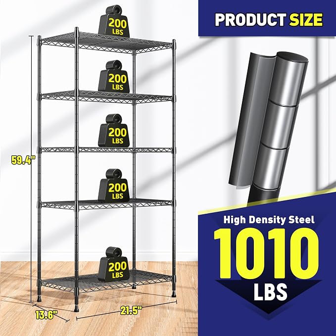 Romorgniz 5-Tier Shelf 1010LBS Storage Shelves Adjustable Wire Shelving Metal Shelving Unit Storage Rack for Kitchen Pantry Closet Laundry School Commercial 59.4" Hx21.5 W x13.6 D - Image 3
