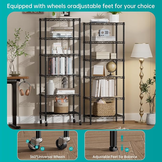 SINGAYE 6 Small Shelf Storage Wire Shelves Closet Bathroom Organizers Metal Pantry Kitchen Garage Shelving Unit Laundry Room Organization Home Narrow Rack Net Basket with Wheels Black - Image 6