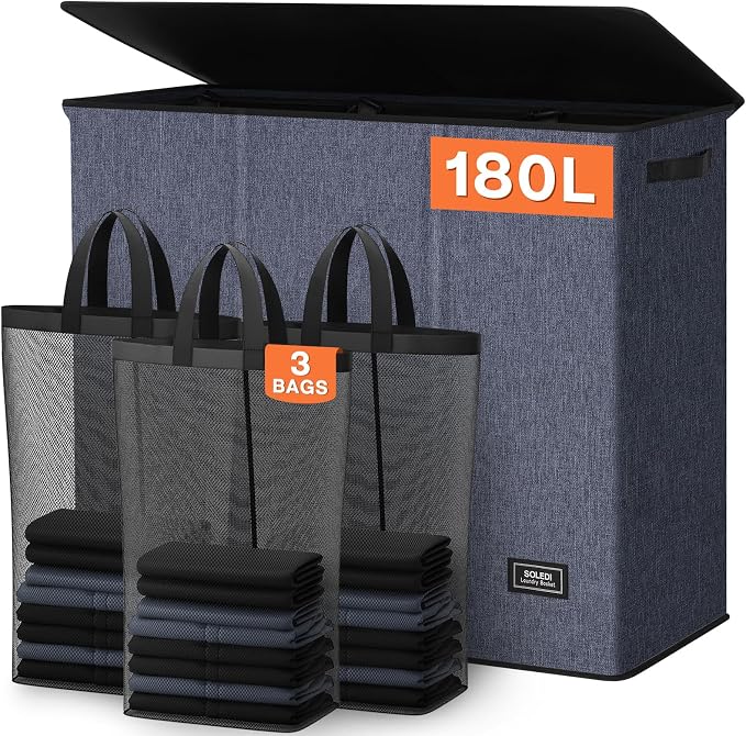 SOLEDI 180L 3-Section Laundry Hamper with Lid, Extra Large Dirty Clothes Basket with Sturdy Handles for Laundry Room & Bedroom - Durable Organizer for Sorting Laundry by SOLEDI