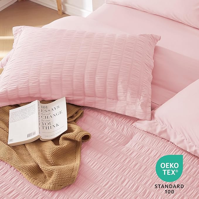 MUXHOMO 5 Pieces Twin Comforter Set, Seersucker Bed in a Bag Twin Size, All Season Luxury Bedding Set with Comforter, Flat Sheet, Fitted Sheet, Pillowcase & Sham, Pink