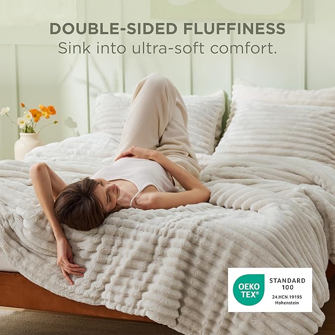 Bedsure Full Size Comforter Sets - GentleSoft™ 3 Pieces Double-Side Fleece Fluffy Linen Comforter Set, Cozy Striped Room Decor Aesthetic, Luxury Full Size Bedding, 2 Pillowcases, 82x86 Inches