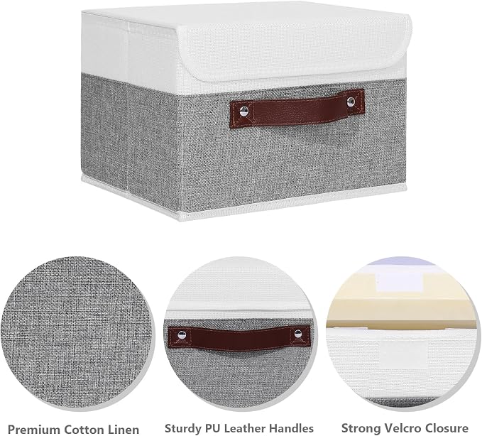 ANMINY 2PCS Storage Boxes with Lid Washable Decorative Storage Bins Basket with PU Leather Handle Foldable Linen Fabric Storage Cubes Containers for Home Closet Organizer - Gray White, Small Size - Image 3