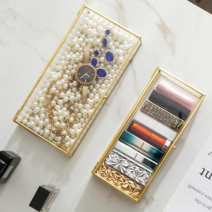 Glass Jewelry Box Set, 2pcs Vintage Rectangle Gold Keepsake Boxes Lipstick Organizer Box Vanity Lidded Box Home Decor Accent Decorative Box for Storage Trinket Rings Bracelet1 - Image 4