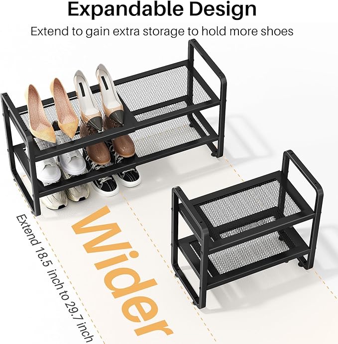 SNTD Shoe Rack - Expandable Shoe Organizer for Closet, Adjustable Metal Shoe Shelf Storage, Stackable Long Shoe Stand Holder for Garage, Entryway, Door Entrance (Black, 2-Tier) - Image 4