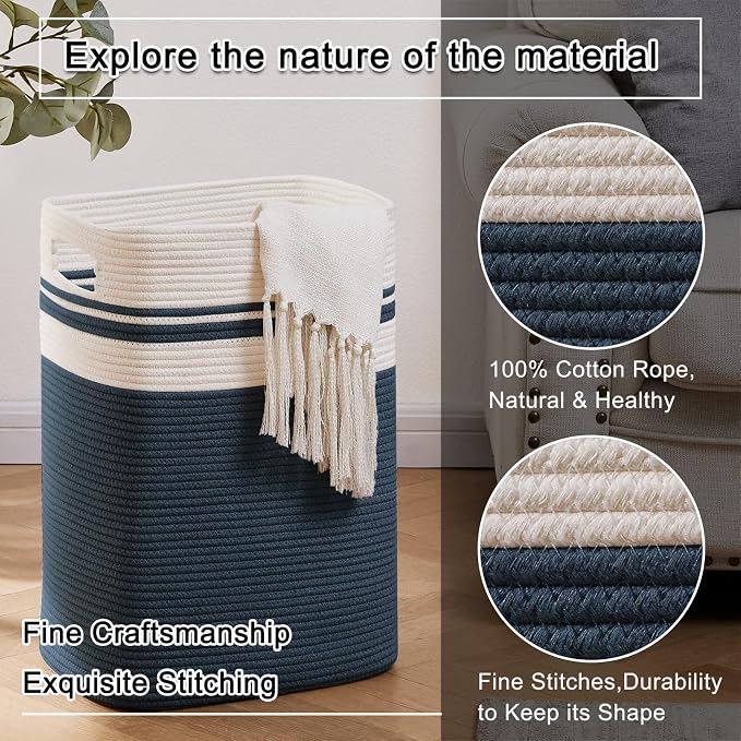 OIAHOMY Laundry Hamper-Laundry Basket,Tall Cotton Storage Basket with Handles,Decorative Blanket Baskets for Living room,Collapsible Large Baskets for Toys,Pillows,Clothes-16x13x22in-Blue - Image 3