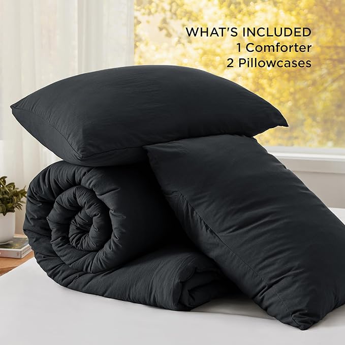 Bedsure King Comforter Set, Black Soft Prewashed Bedding for All Seasons, 3 Pieces GentleSoft™ Bed Set, 1 Lightweight Comforter (104"x90") and 2 Pillowcases (20"x36")