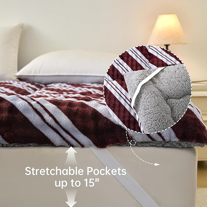 King Mattress Pad 78 x 80 inches, King Size Mattress Cover Warm Thicken Velvet Breathable and Comfortable with 4 Elastic Band, Deep Pocket Stretchable up to 15 inches Washable, Brown Stripes