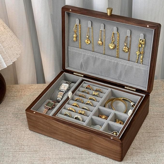 Bescott 2 Layer Solid Black Walnut Wooden Jewelry Box for Women Wood Vintage Organizer for Men Earrings Rings Necklaces Bracelet Watch Storage - Image 4