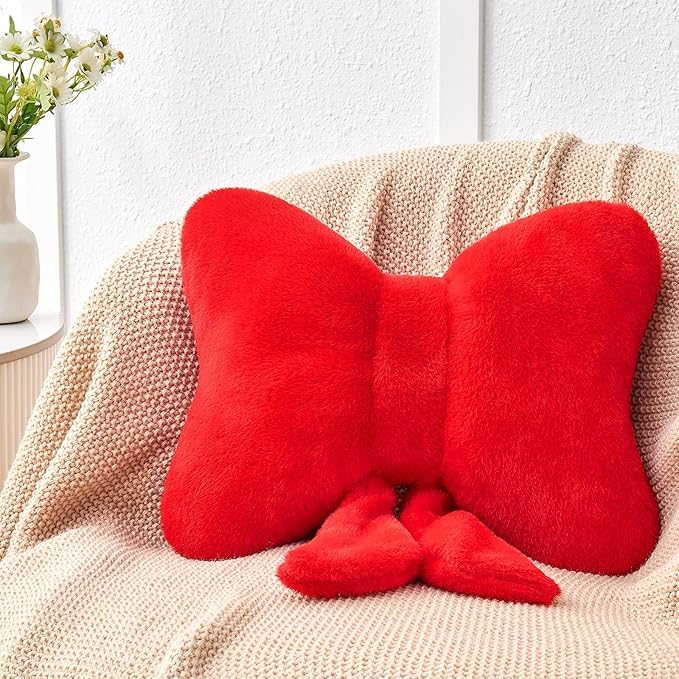 Red Bow Pillow,12'' Bow Decorative Pillows with Faux Rabbit Fur,Soft Bow Throw Pillows Aesthetic Bow Shaped Pillow for Bed Sofa Couch Home Decor